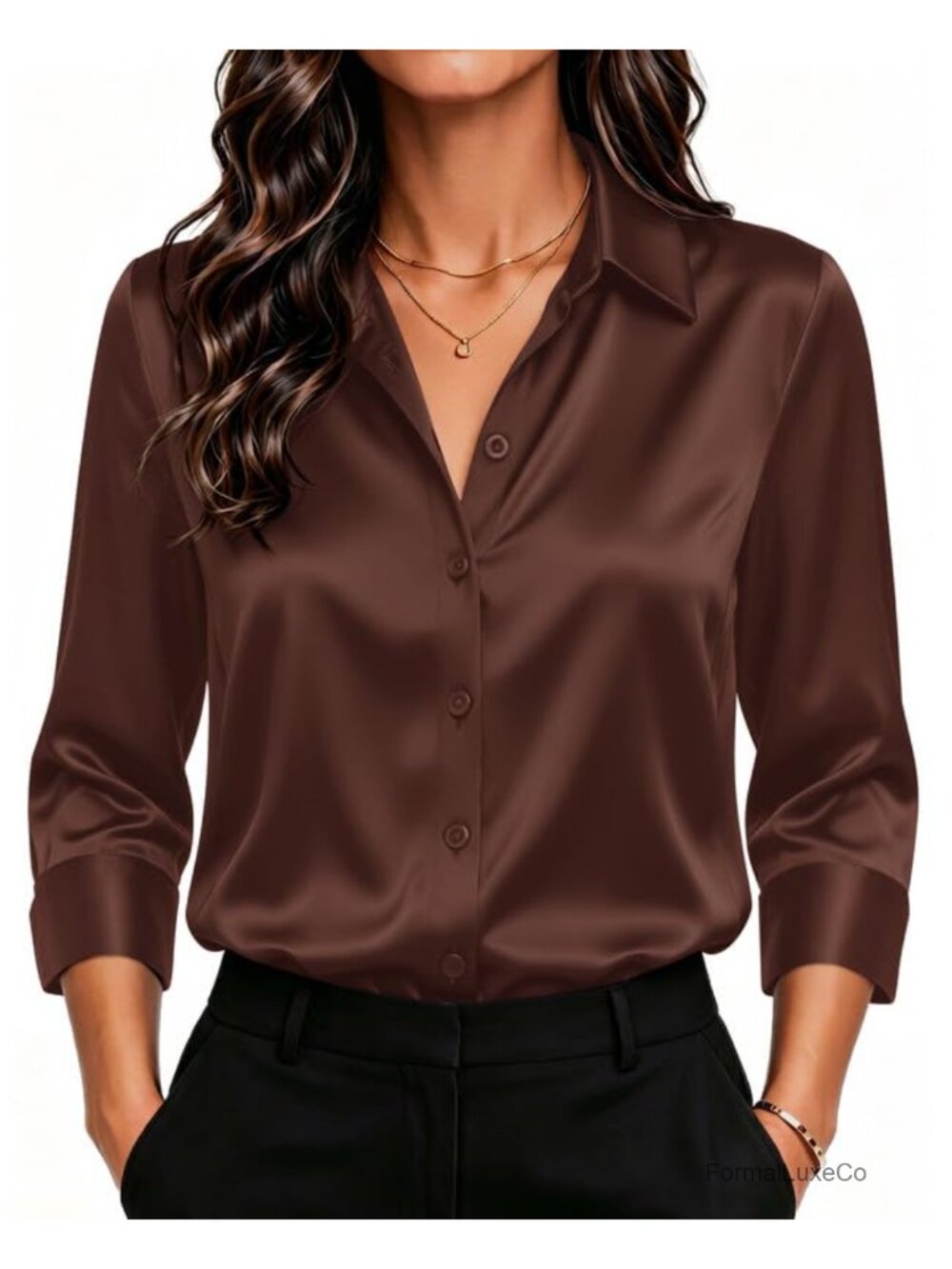 Satin Button Down Blouse 3/4 Sleeve Silky Casual Work Top